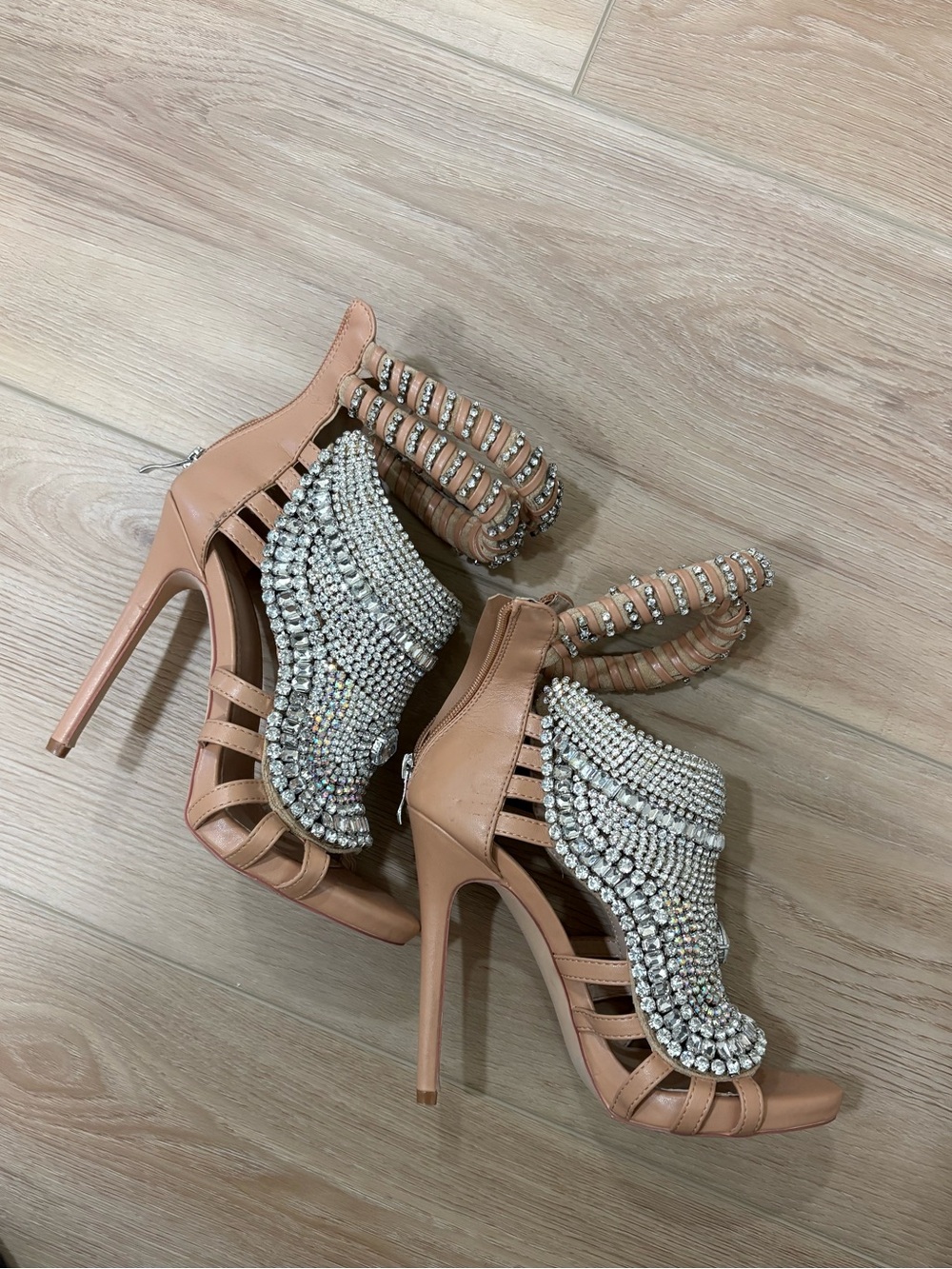 Embellished rhinestone Nude High Heel Sandals with Crystal Fringe